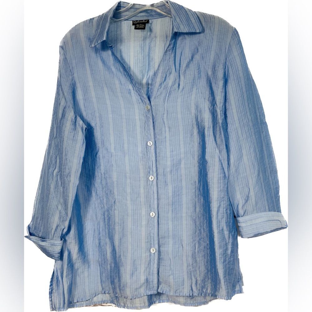Rafaella Blue on Light Blue Stripe V-neck Button Down Top SZ 10 Rolled Cuff